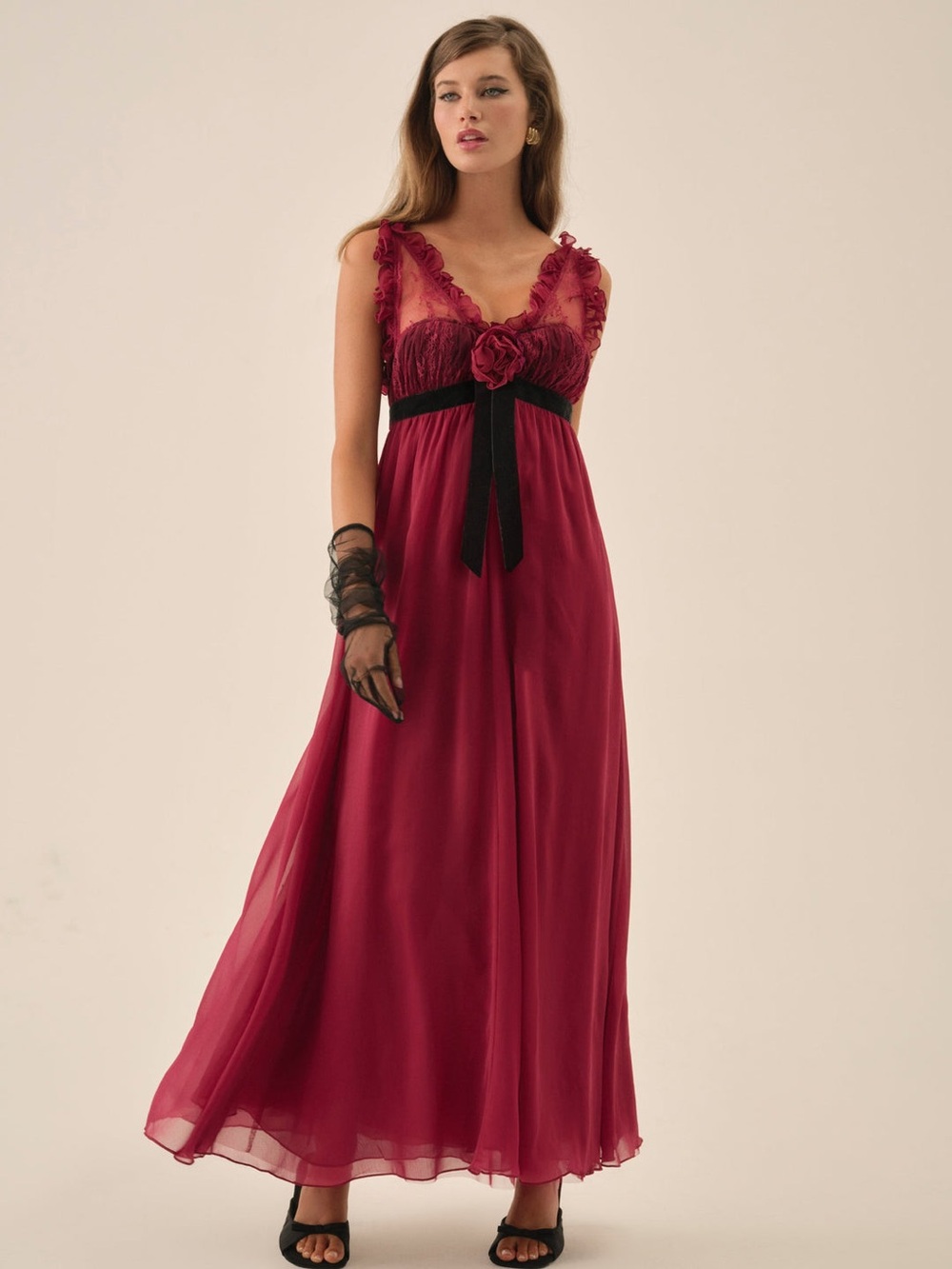 NWT $269 FOR LOVE AND LEMONS CLAUDINE CHIFFON MAXI DRESS IN OXBLOOD SZ S